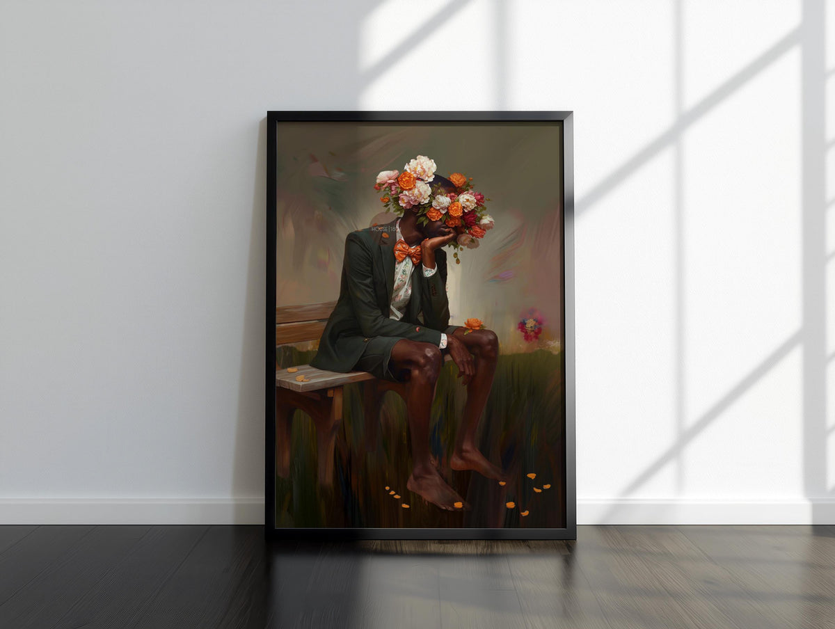 Afrocentric Man Floral Canvas Art, Black Masculine Portrait, Male Flower Head Artwork
