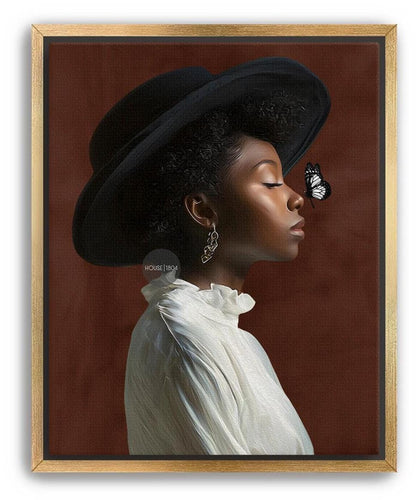 A woman wearing a large black hat and a white blouse is shown in profile, with a butterfly resting on her face.