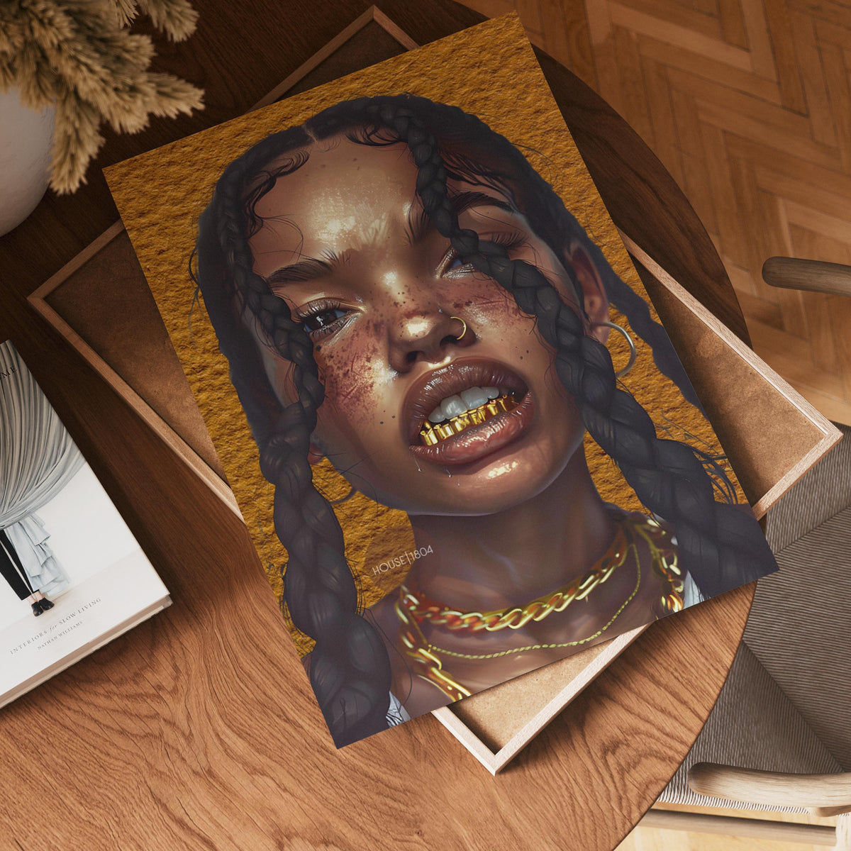Black Woman Wall Canvas Art, Urban Afro Latina Canvas, Gold Grillz Print