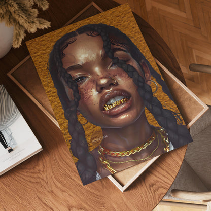 Black Woman Wall Canvas Art, Urban Afro Latina Canvas, Gold Grillz Print