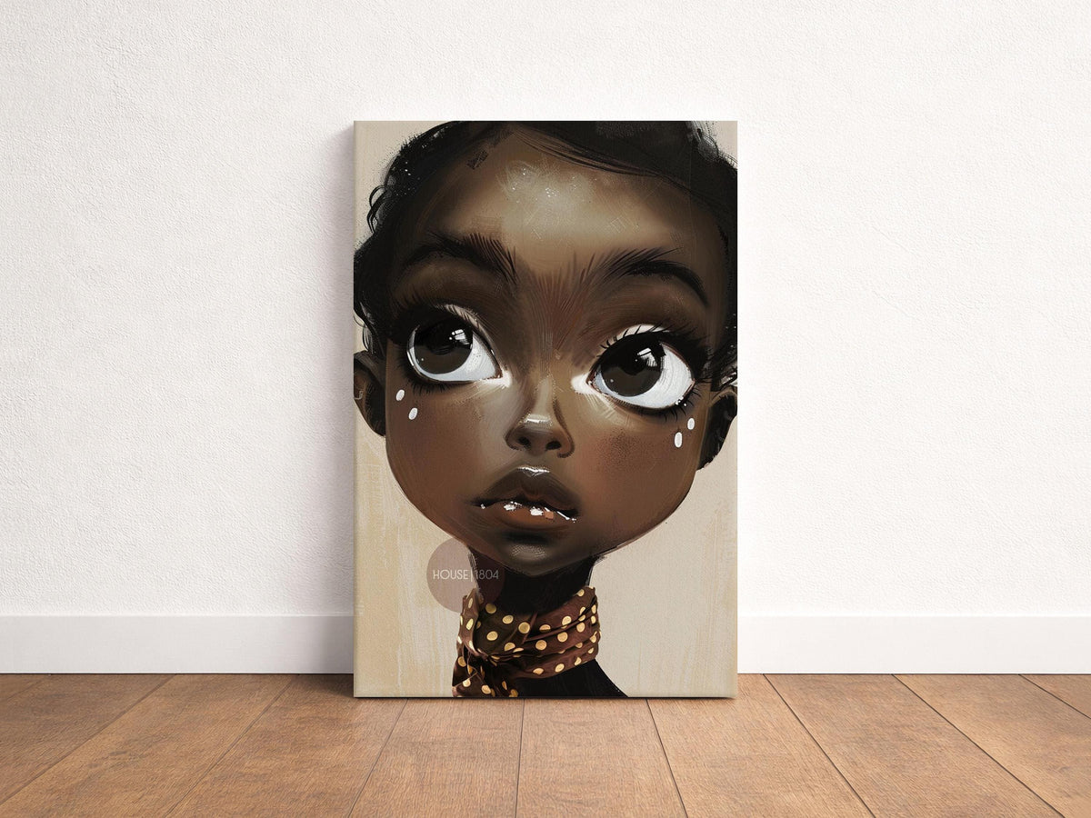 Black Girl Wall Art, Surreal Big Eye Portrait Print, Canvas Framed and Framed