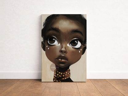 Black Girl Wall Art, Surreal Big Eye Portrait Print, Canvas Framed and Framed