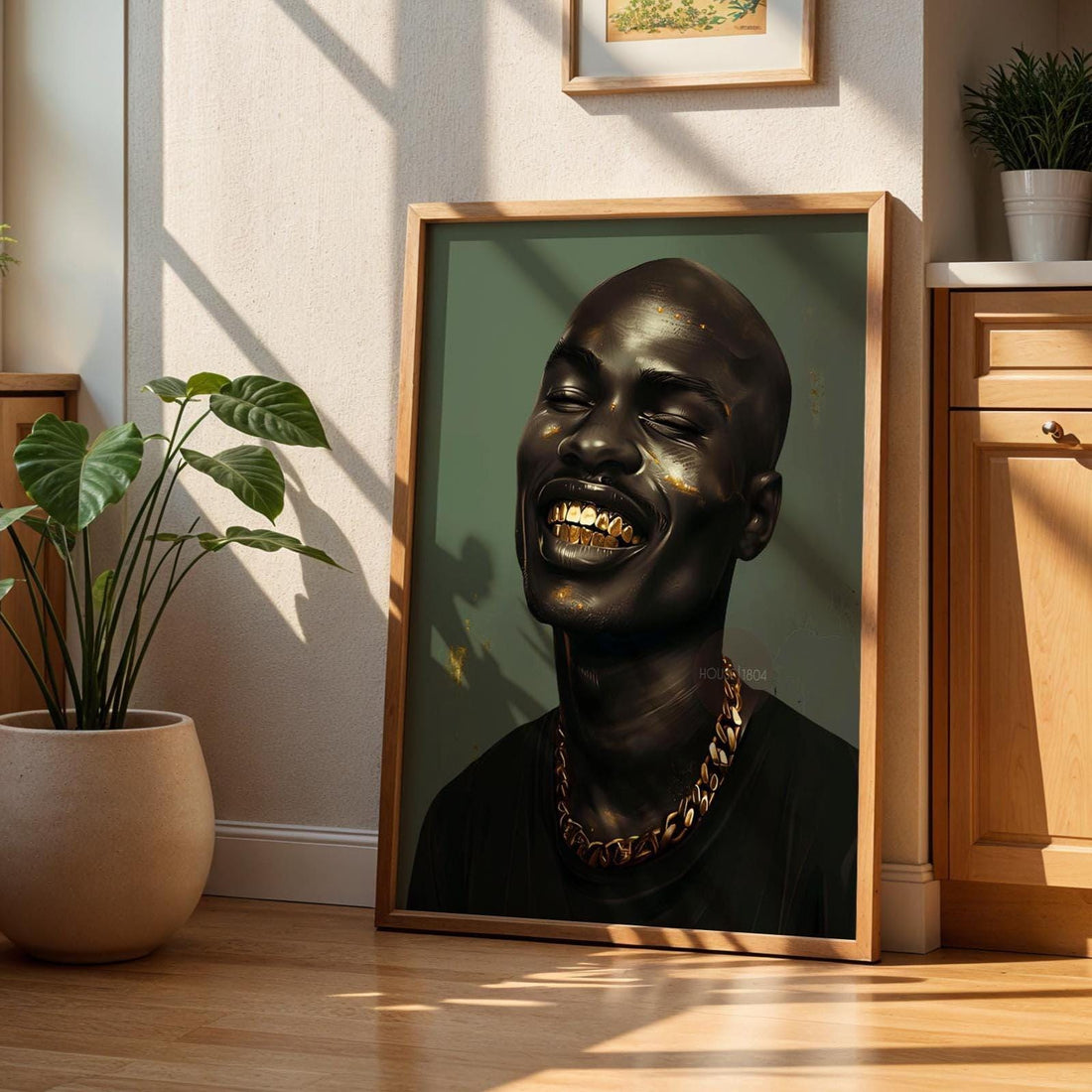 Bald Black Man Art Print: Gold Grillz, Urban African American Modern Art