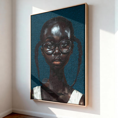 Black Girl Art Print, Little Black Girl Blues Portrait, Pigtails.