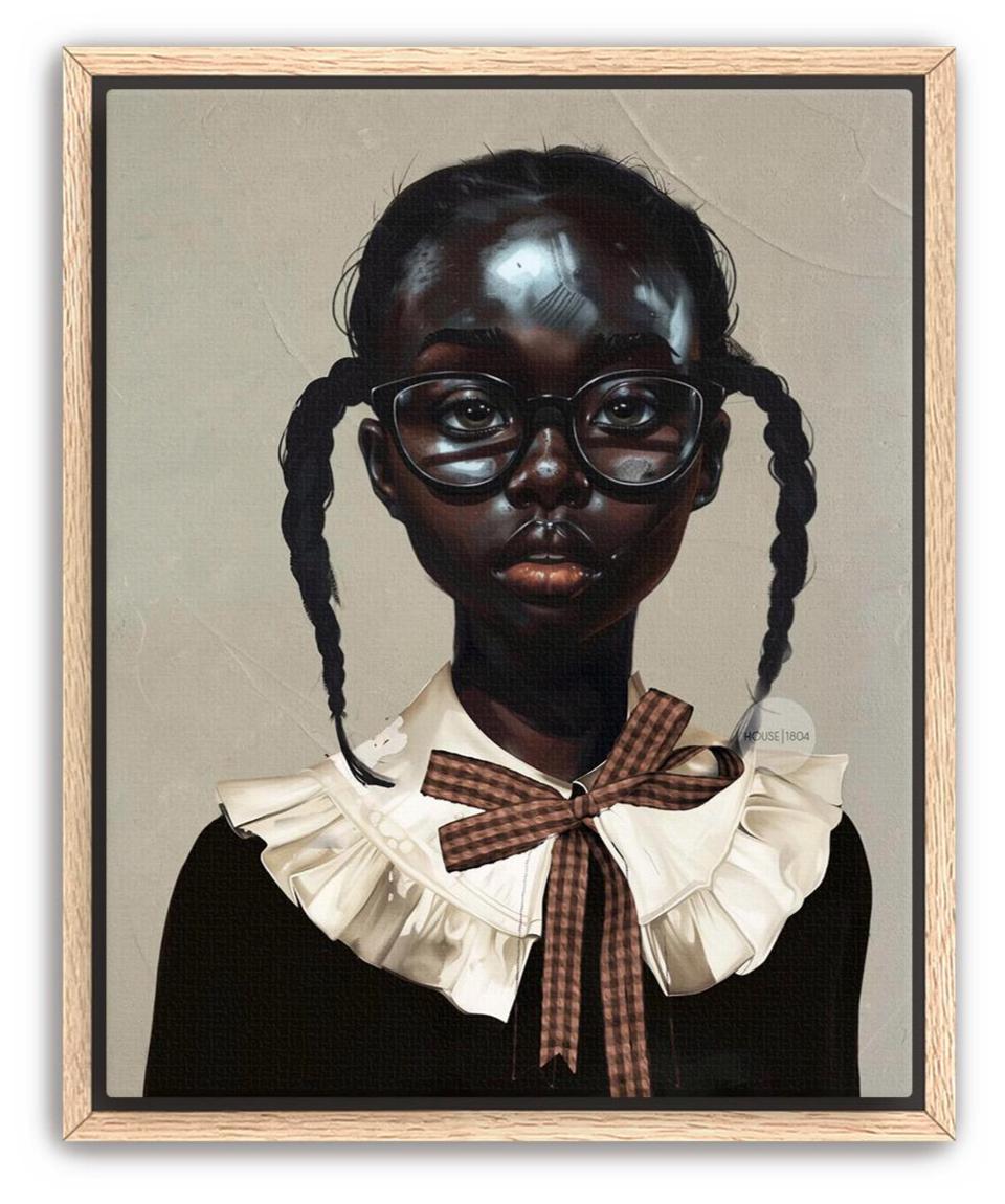 a young girl with beautiful deep dark skin wearing reading glasses and a white collar, with a brown plaid bowtie on her shirt and two cute pigtails in her hair. She resembles a school girl in uniform.