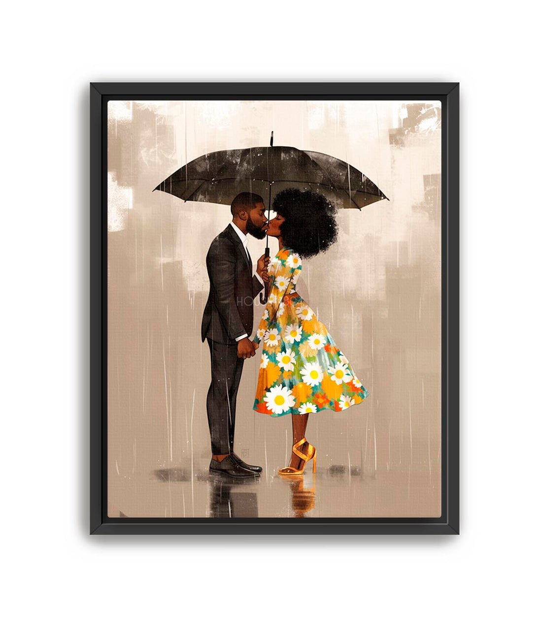Black Couple in the rain Wall Art Print