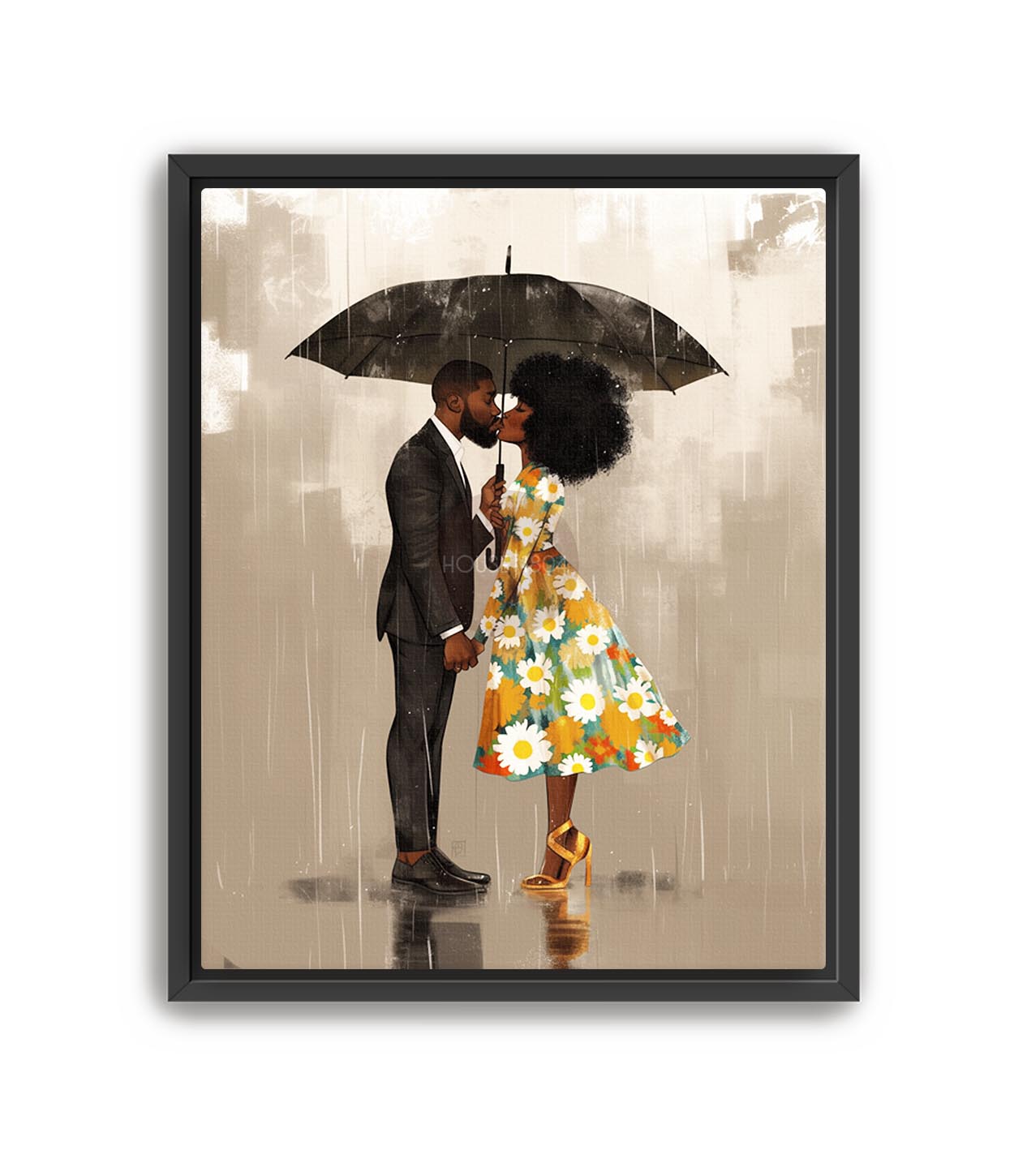 Black Couple in the rain Wall Art Print