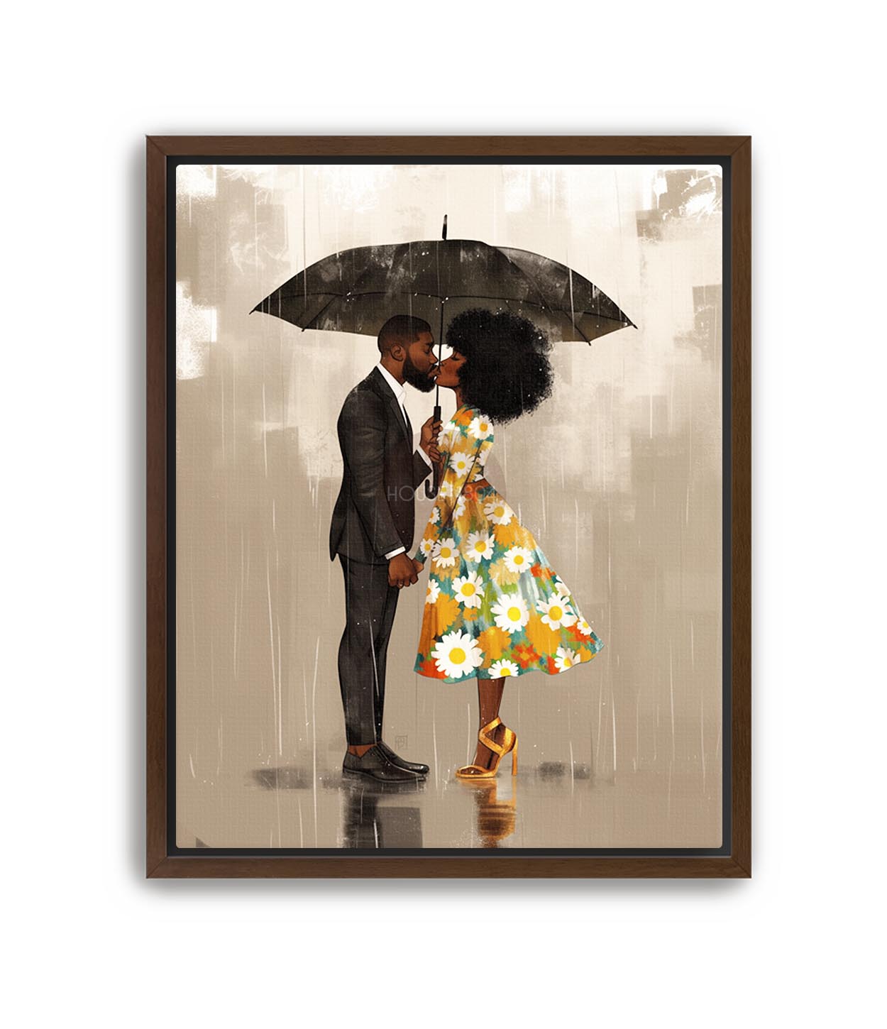 Black Couple in the rain Wall Art Print