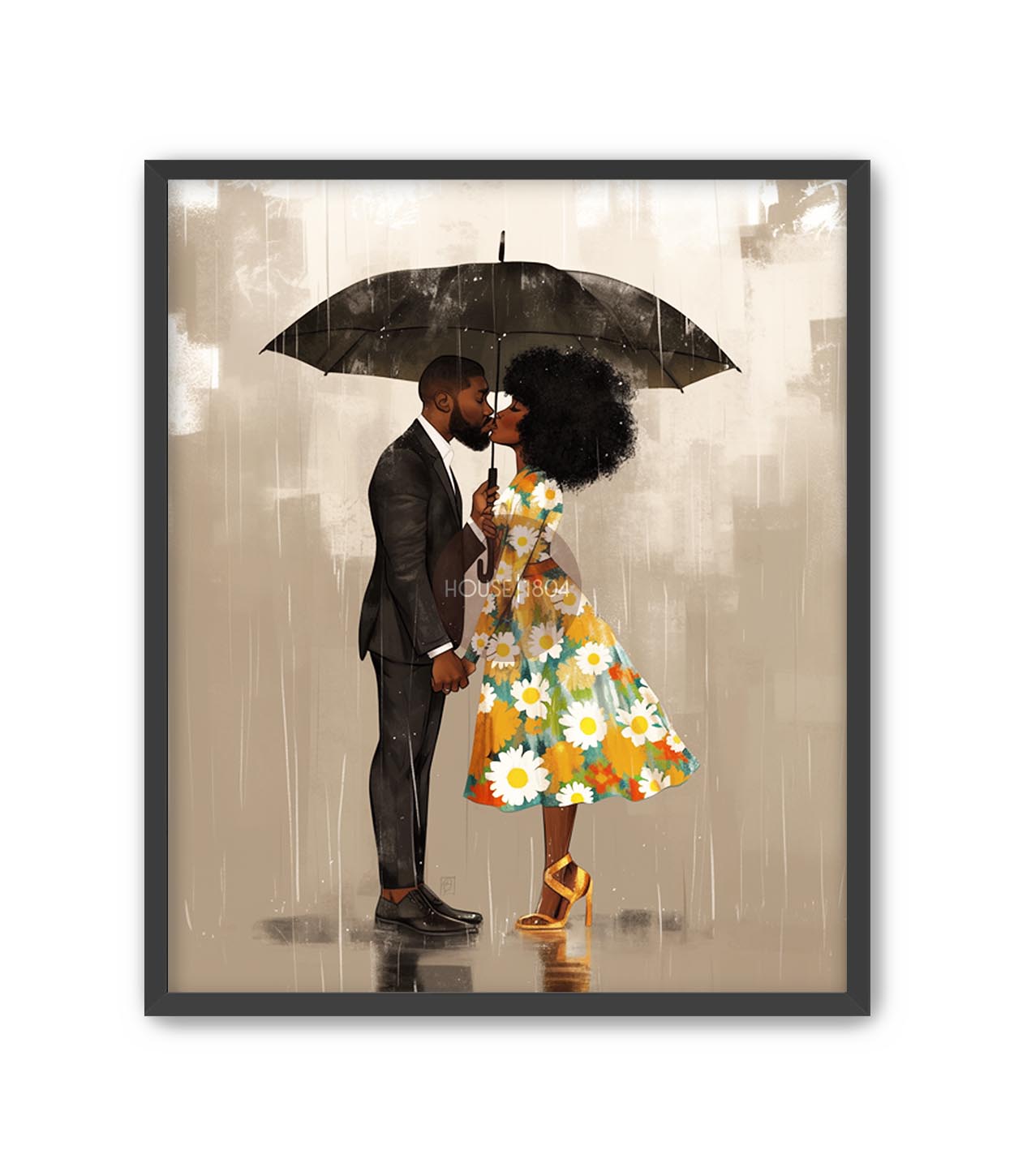 Black Couple in the rain Wall Art Print