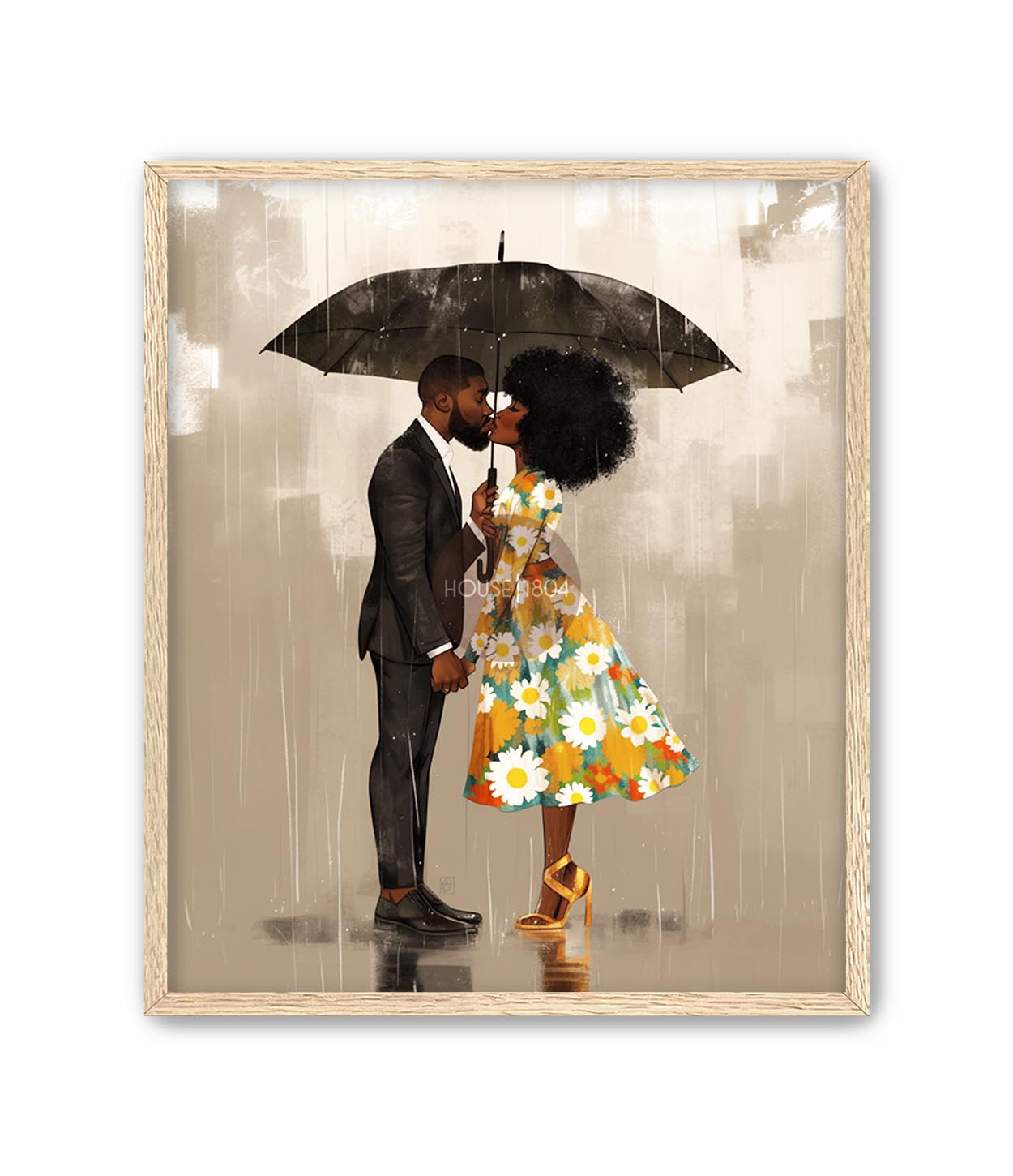 Black Couple in the rain Wall Art Print