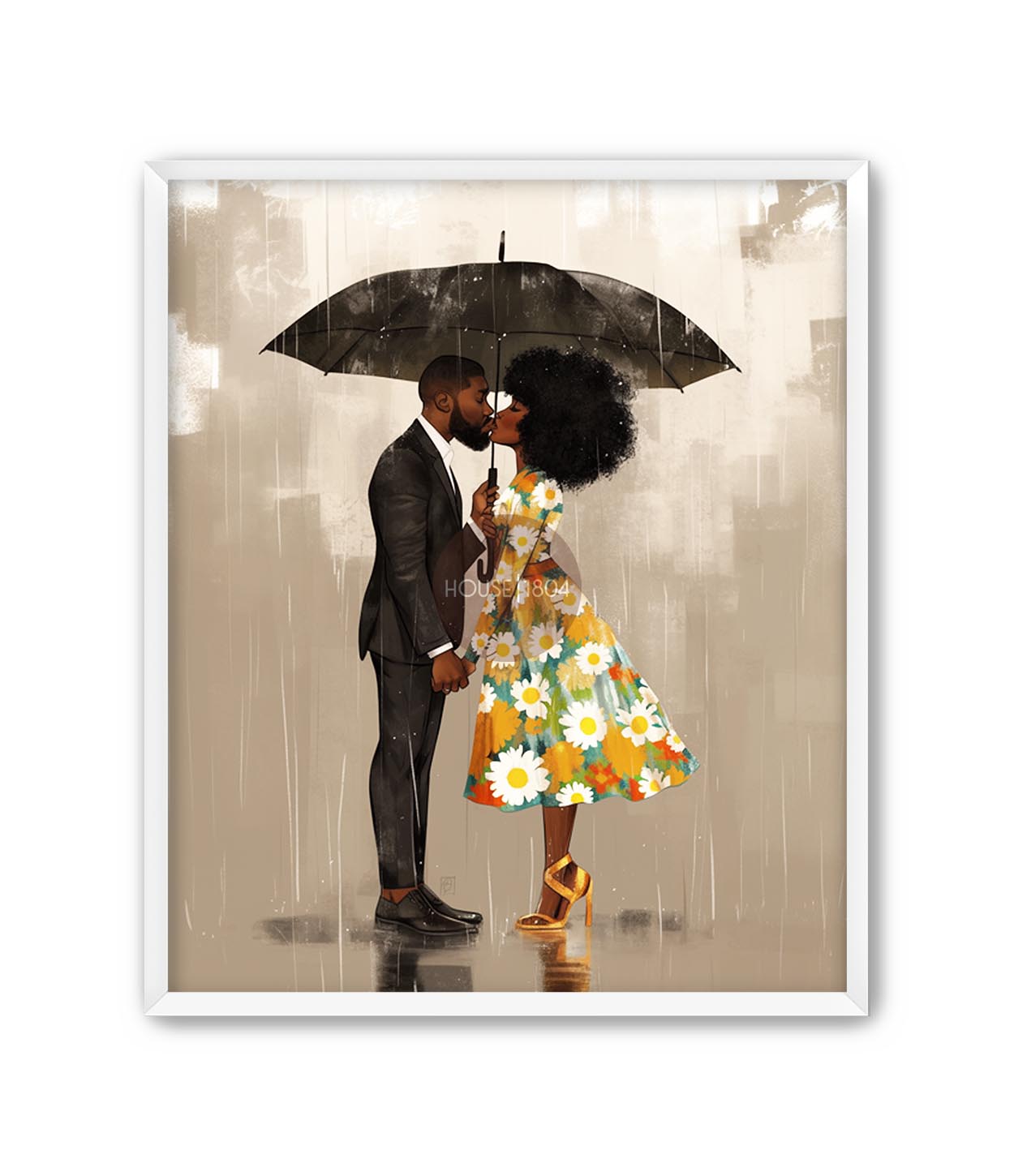 Black Couple in the rain Wall Art Print