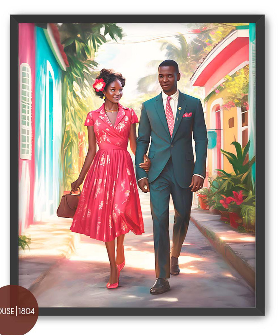 Sundays Best Dress Couple, Black Couple Art Print, Caribbean Man and Woman, Black Home Decor, African American Art Prints, Black Art Framed