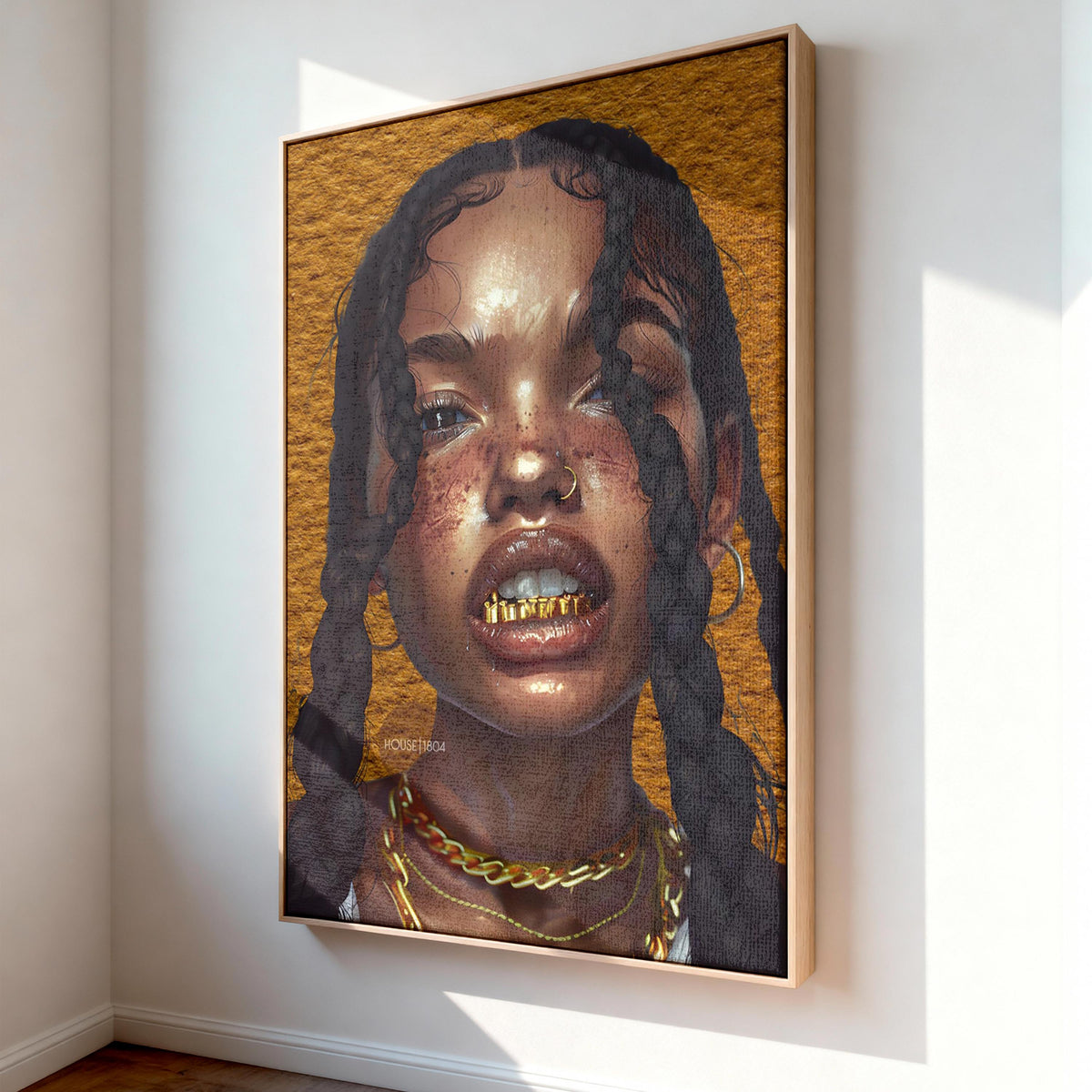 Black Woman Wall Canvas Art, Urban Afro Latina Canvas, Gold Grillz Print