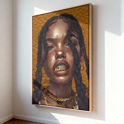 Black Woman Wall Canvas Art, Urban Afro Latina Canvas, Gold Grillz Print