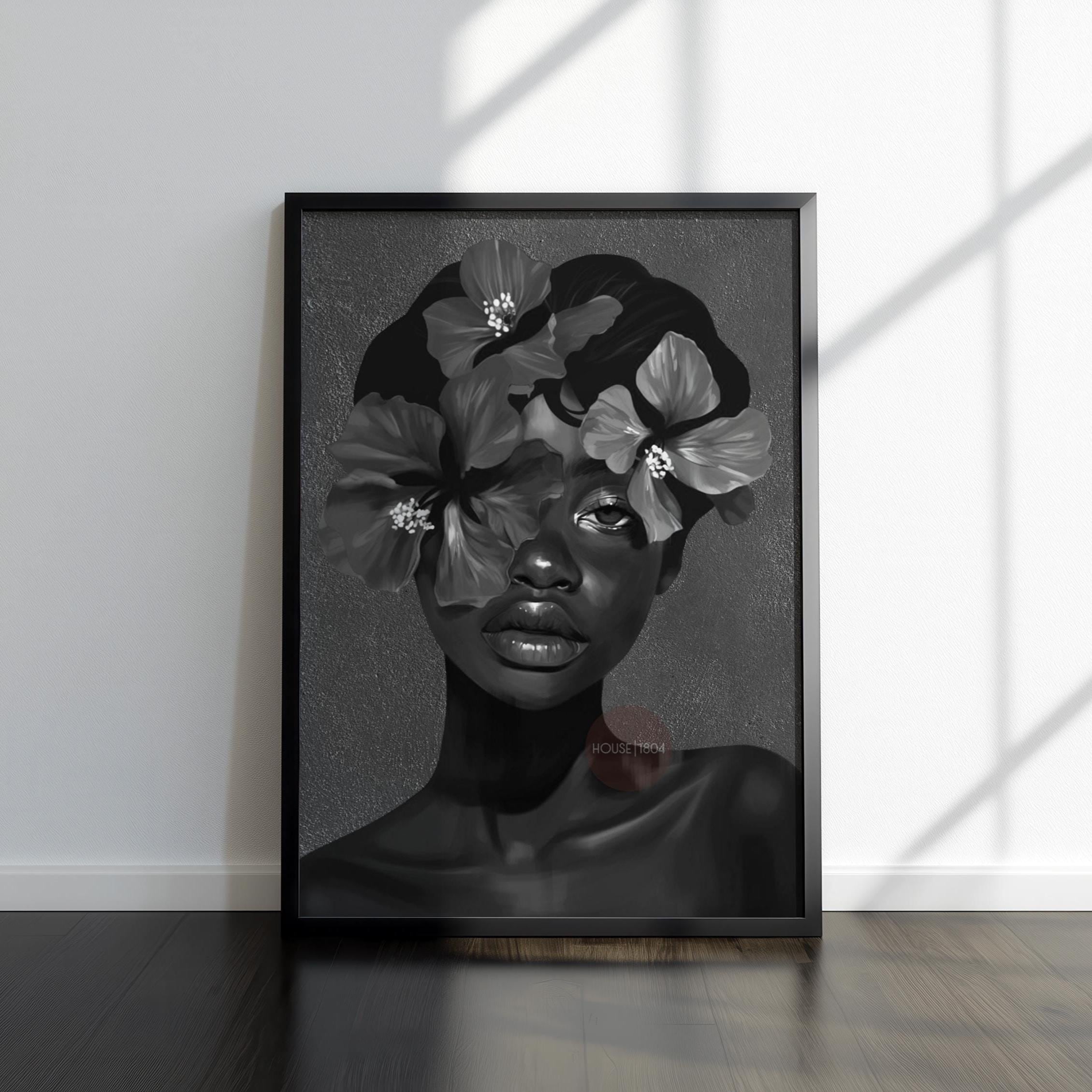 Black Woman Flower Art Print: Monochrome Portrait Wall Art