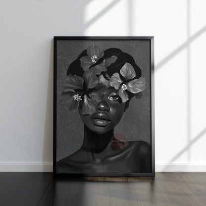 Black Woman Flower Art Print: Monochrome Portrait Wall Art