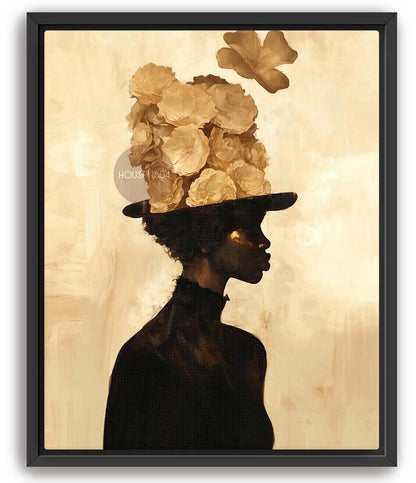 Black Woman Art Print: Gold Accent Abstract, Framed Canvas