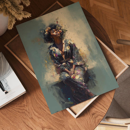 Bohemian Black Woman Art: Watercolor Canvas Portrait