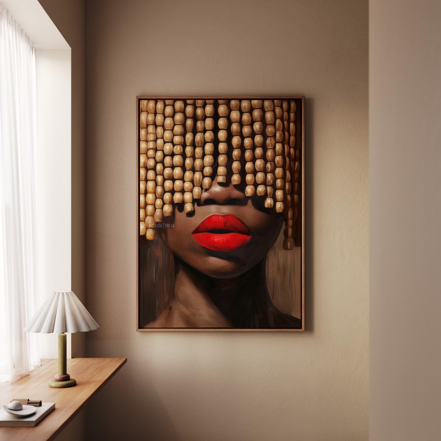 Black Woman Art Print: Beaded Headpiece Wall Art, Bold Black Woman Wall Art, Black Interior Design Print, African American Canvas Decor