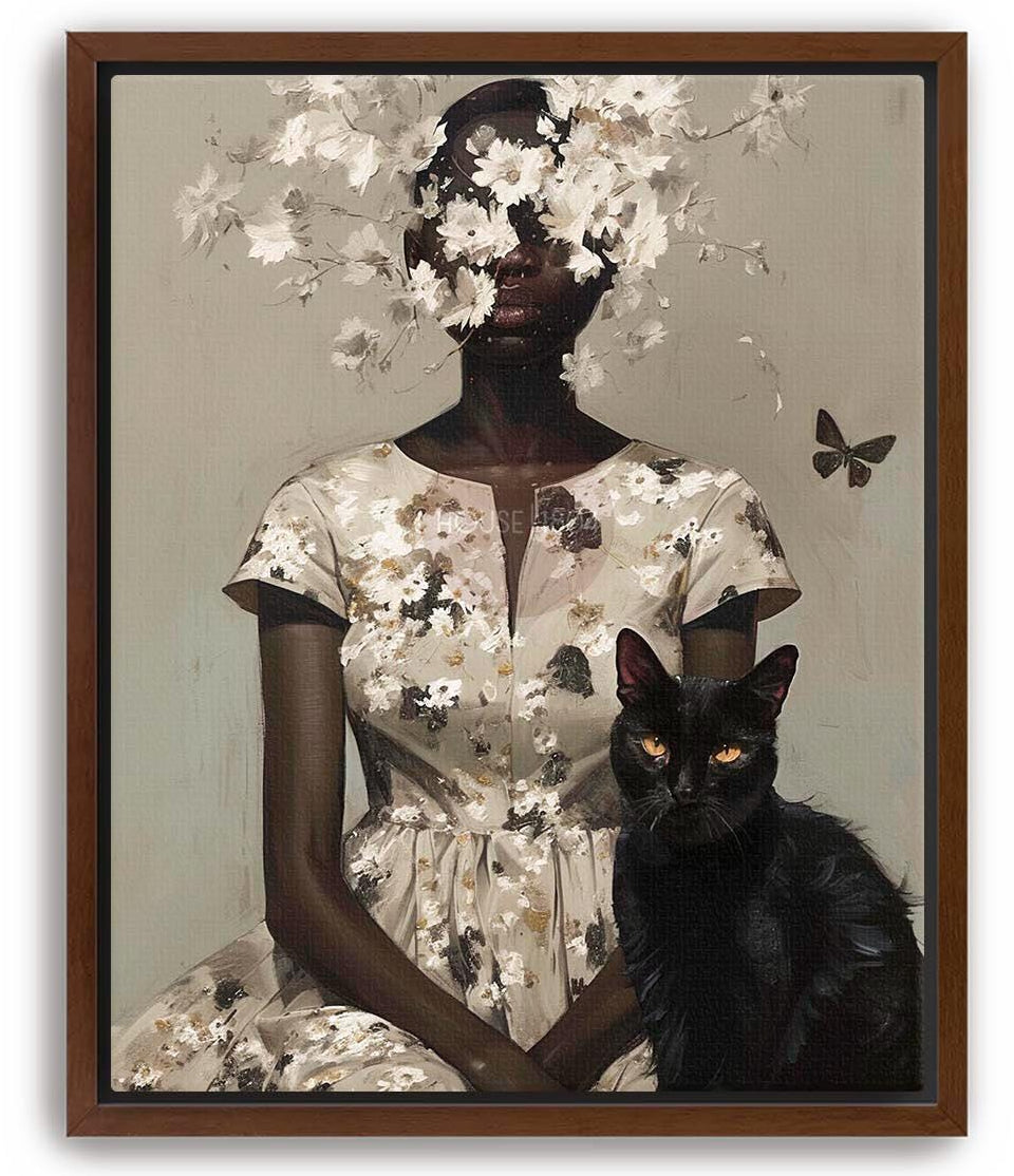 Black Woman and Cats, Black Woman Cat Lady, Black Cat Lady, Black People Pets, Lady with Cat Art, Abstract Black Woman Art, Cat Lady, Floral