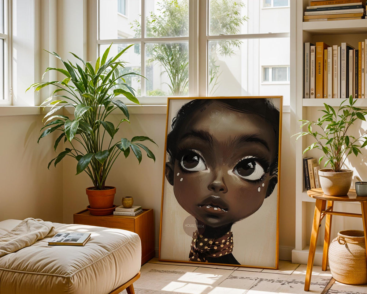 Black Girl Wall Art, Surreal Big Eye Portrait Print, Canvas Framed and Framed