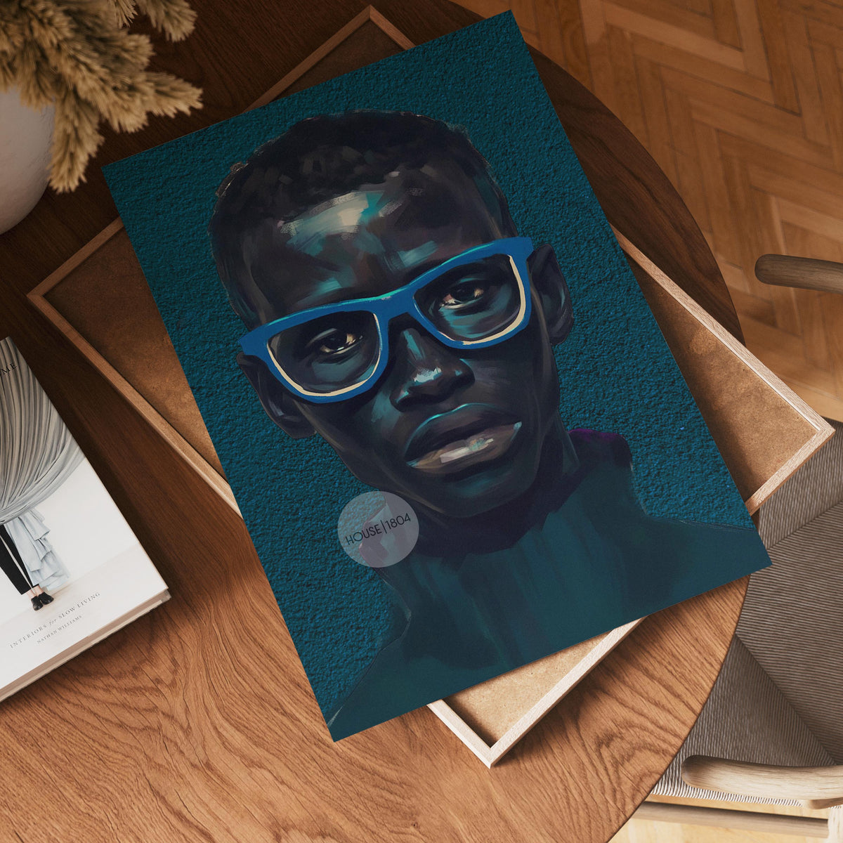Modern Black Boy Art, Blue Portrait Art Fine Print Canvas | Framed or Unframed