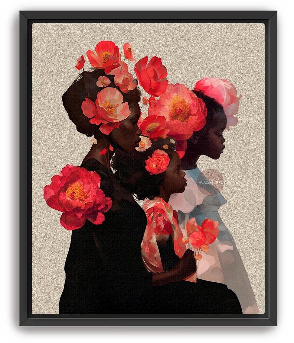 Black Mother and Two Daughters Framed Canvas Wall Art Print: