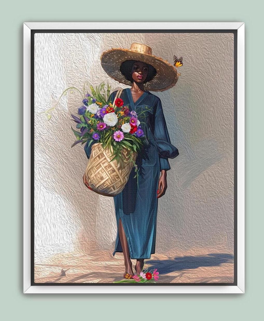 Black Woman Floral Canvas Art, Tropical Botanical Woman Portrait, Plant Lady with Flowers Canvas Art