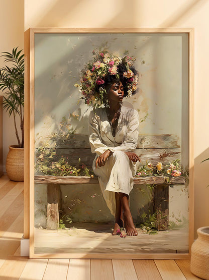 Bohemian Black Woman Floral Canvas Art