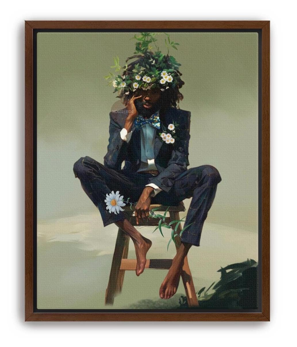 Black Man Floral Wall Art, Abstract Male Portrait, Contemporary Modern Canvas Print, Male Abstract Moody Wall Framed Print