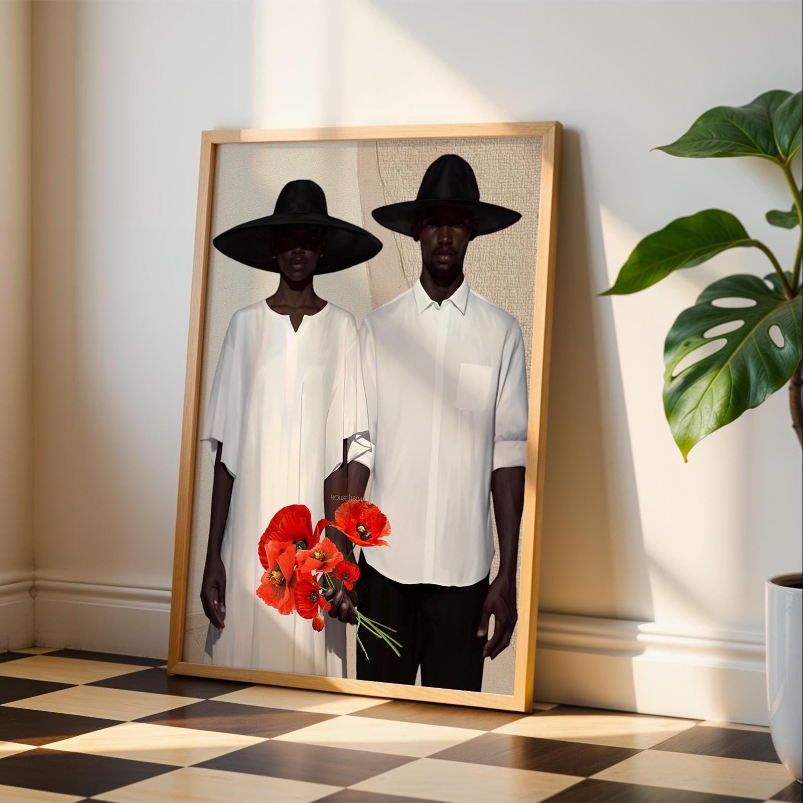 Afrocentric Couple Art Print: Black Love, Modern Poppies