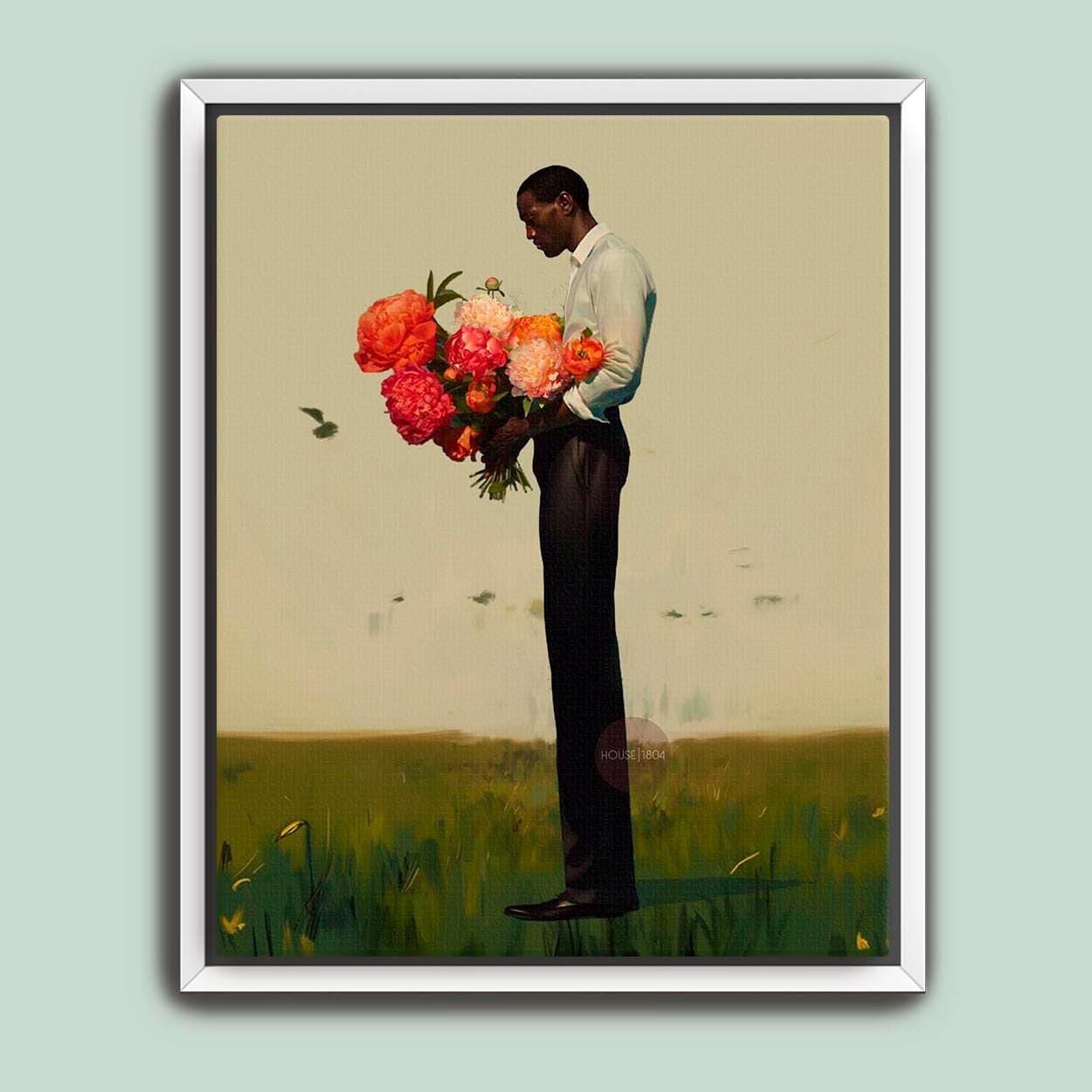 Black Man Flower Canvas Art Print: Floral Portrait Framed
