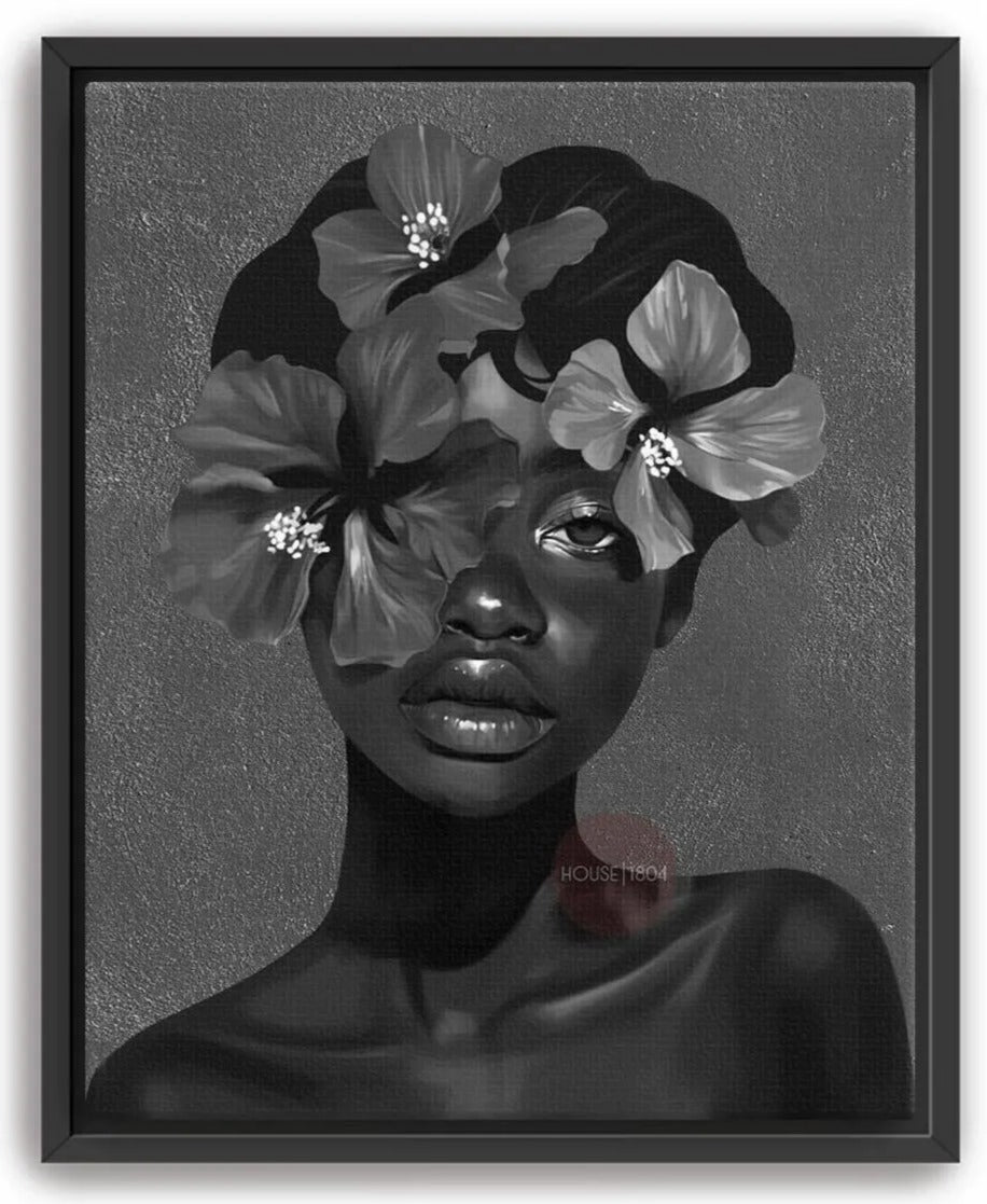 A black and white portrait of a woman with a flower crown on her head, set against a dark background.