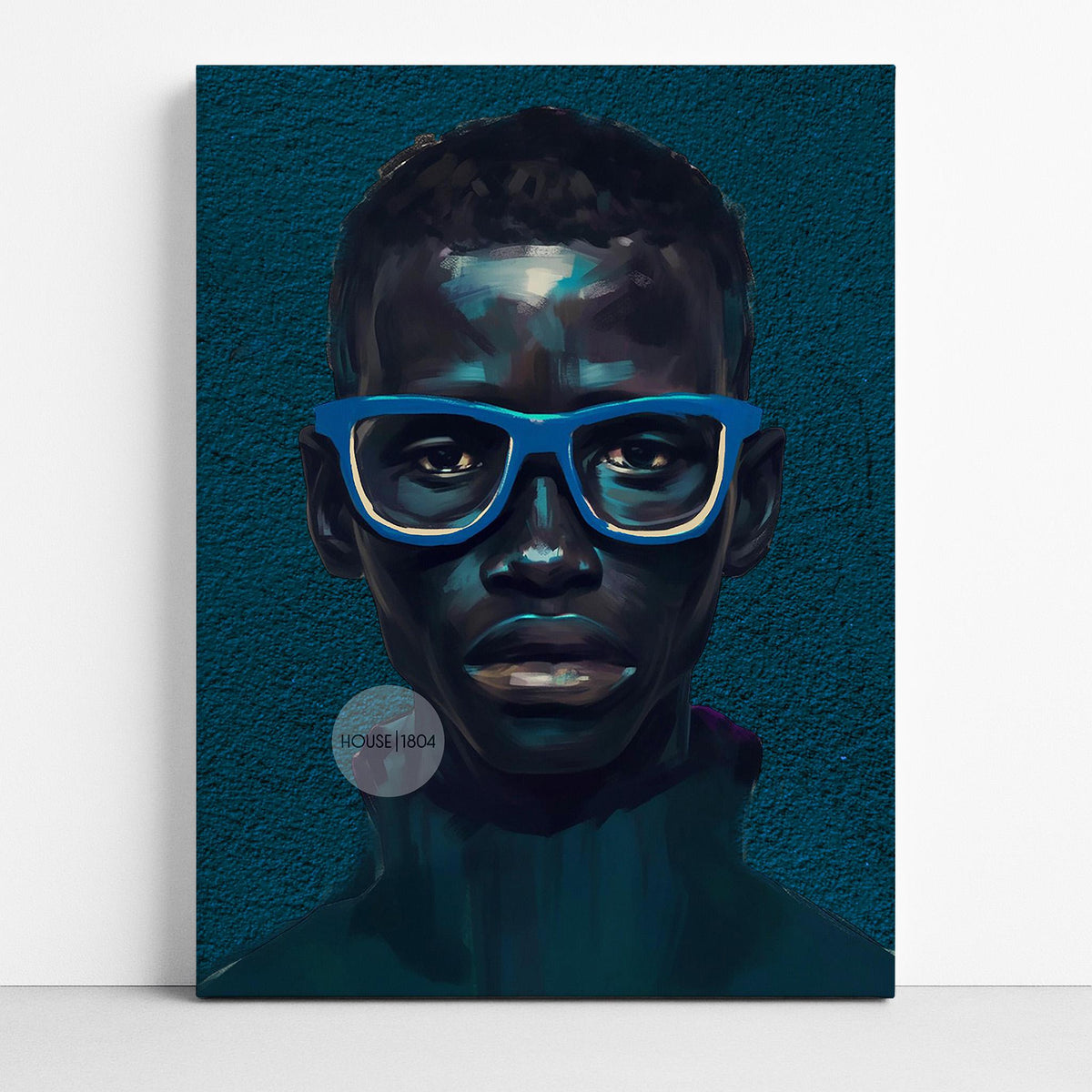 Modern Black Boy Art, Blue Portrait Art Fine Print Canvas | Framed or Unframed