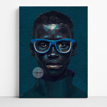 Modern Black Boy Art, Blue Portrait Art Fine Print Canvas | Framed or Unframed