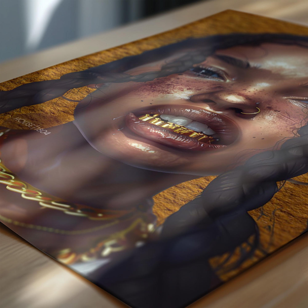 Black Woman Wall Canvas Art, Urban Afro Latina Canvas, Gold Grillz Print
