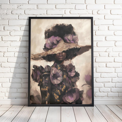 Black Woman Art Print: Purple Floral Fashion Wall Decor