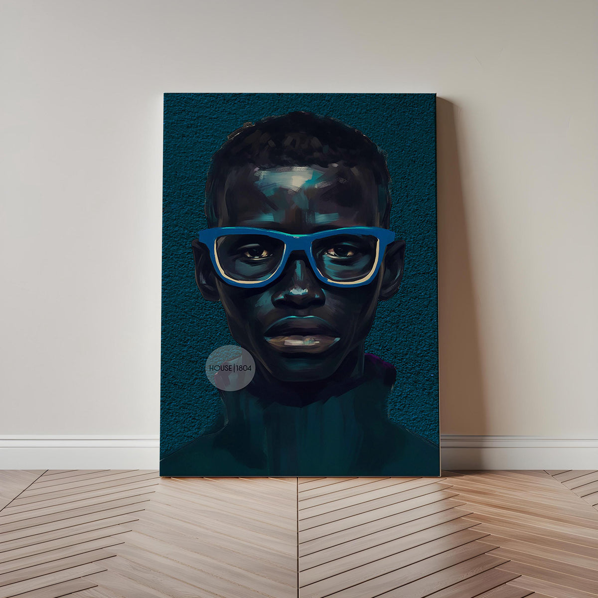 Modern Black Boy Art, Blue Portrait Art Fine Print Canvas | Framed or Unframed