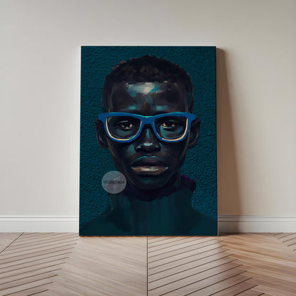 Modern Black Boy Art, Blue Portrait Art Fine Print Canvas | Framed or Unframed