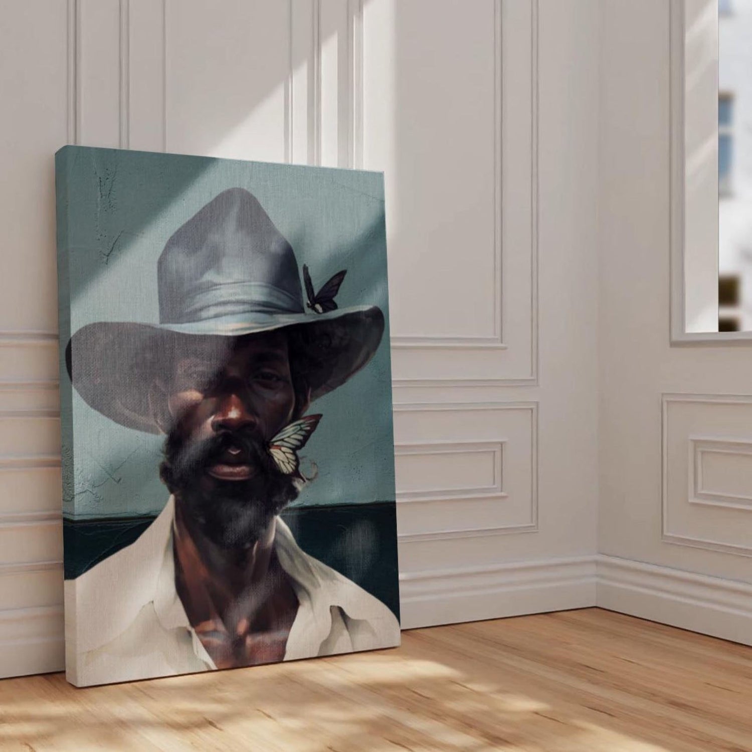 A portrait of a man wearing a cowboy hat with a butterfly resting on his chin. Various blues in the background and on the hat and on the butterfly hence the title Black Man Blues. Canvas portrait.