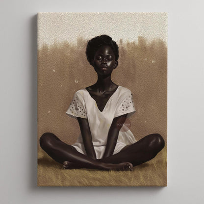 Black Woman Relaxing Wall Art – Afrocentric Canvas, Melanin Decor, Beige Luxury Print