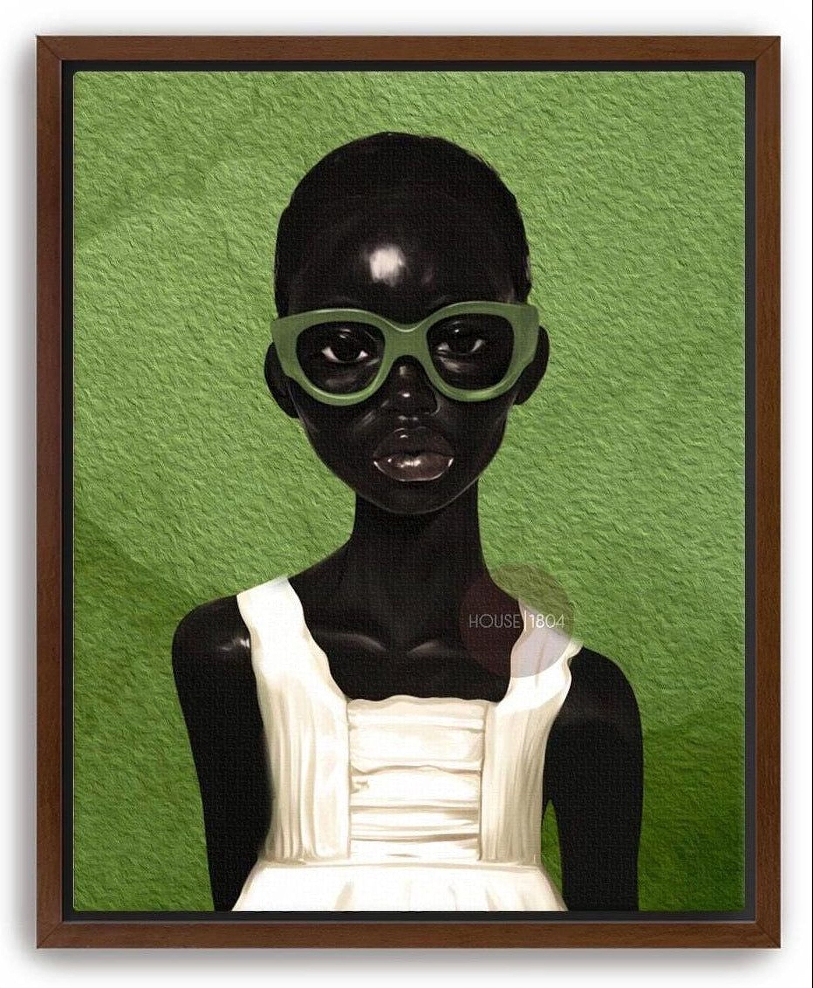 Green abstract Black girl portrait canvas art modern bohemian wall decor