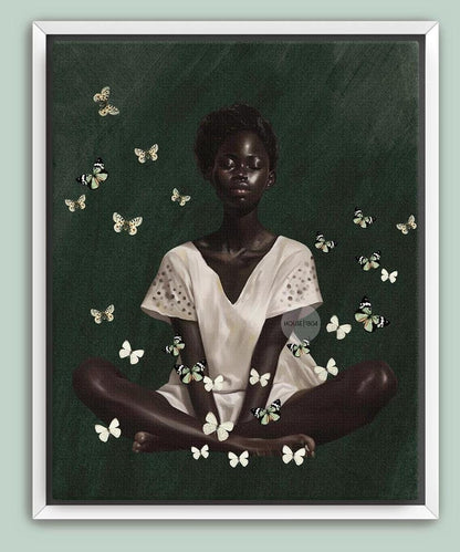 Black Woman Wall Art – Deep Green Serene Art Print With White Butterfly Portrait