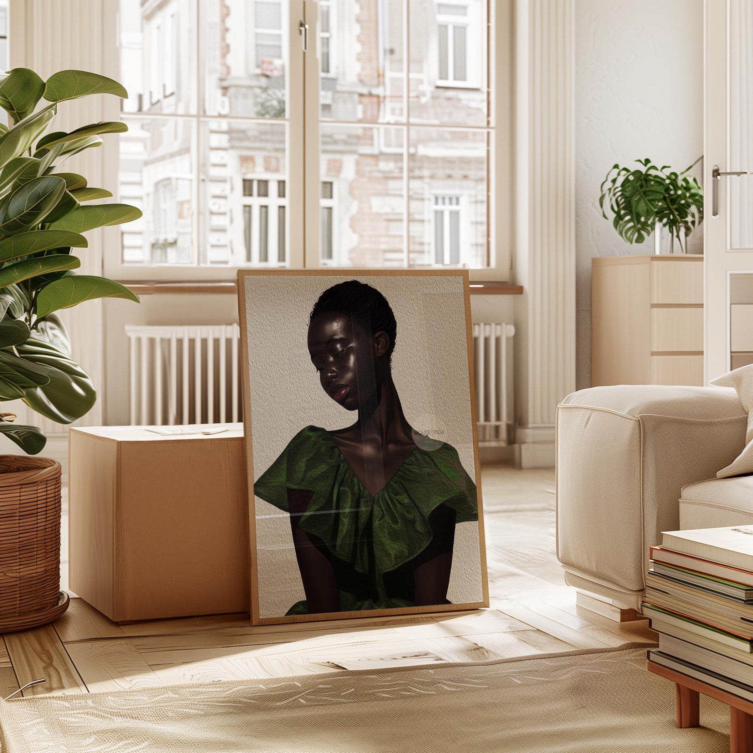 a framed portrait of a woman in a green dress, displayed in a living room setting with a window and various furniture pieces.