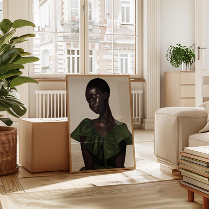 a framed portrait of a woman in a green dress, displayed in a living room setting with a window and various furniture pieces.