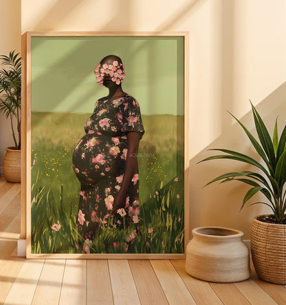 Black Pregnancy Wall Art: Colorful Motherhood, Pink and Green