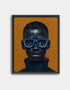 Portrait of a Black boy with oversized electric-blue glasses against a textured golden-yellow background, displayed in a black frame