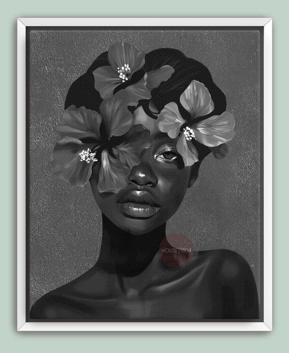Black Woman Flower Art Print: Monochrome Portrait Wall Art