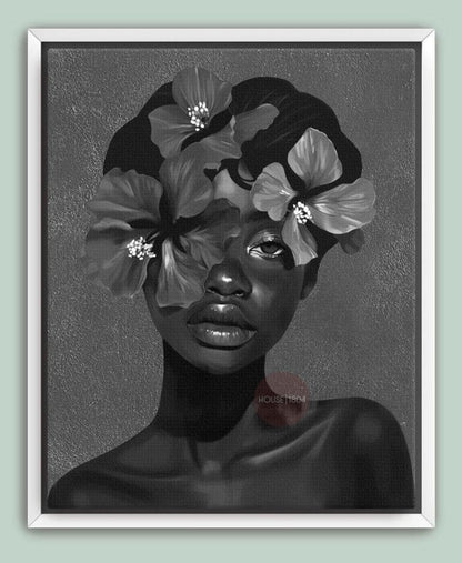 Black Woman Flower Art Print: Monochrome Portrait Wall Art