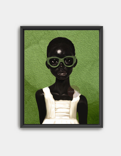 Portrait of a little Black girl wearing oversized olive-green glasses and an ivory dress against a textured green background
